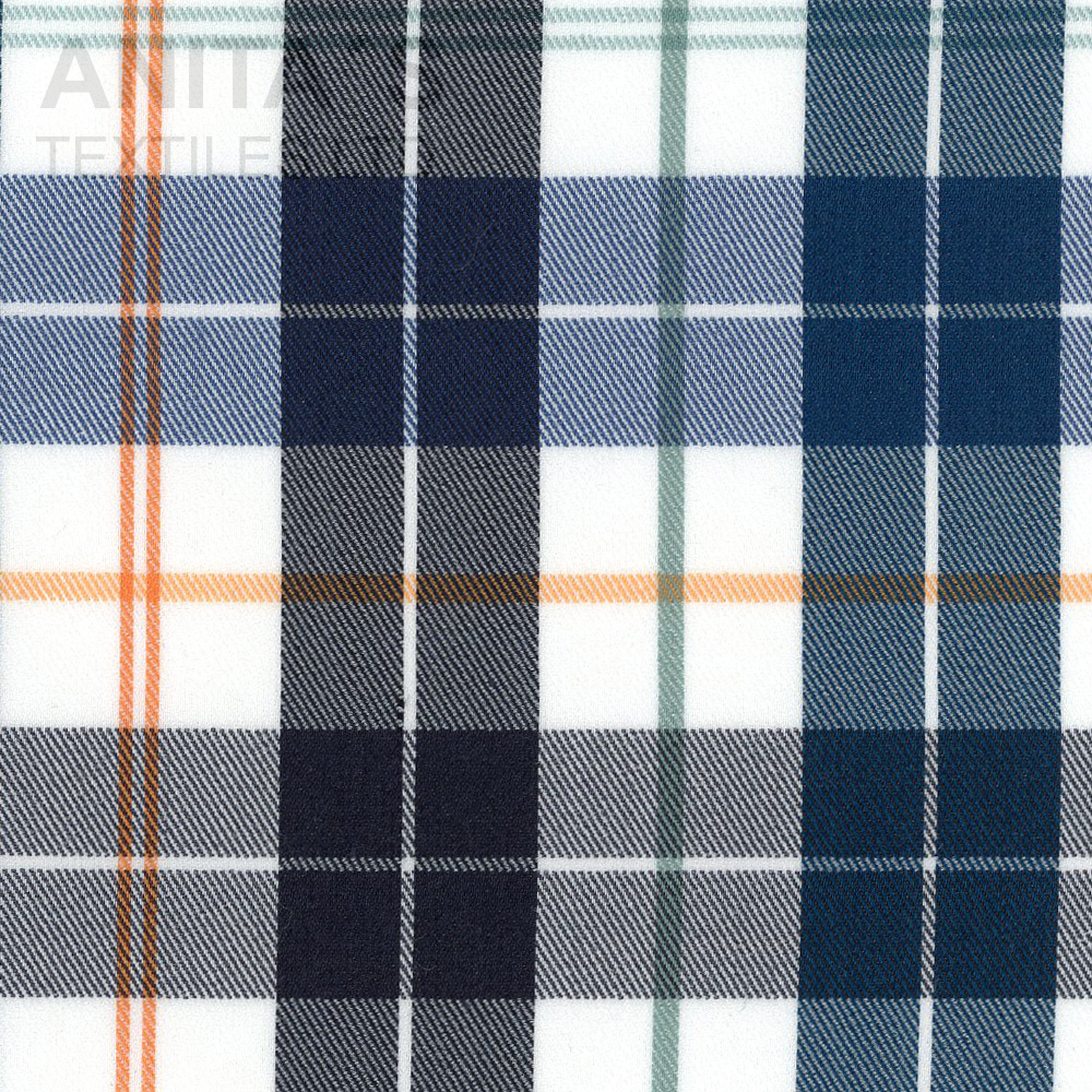 In stock item Claiss Plaid Pima Cotton Tencel Nylon Spandex Lt Weight 2x2 S Twill Yarn Dye Woven Fabric