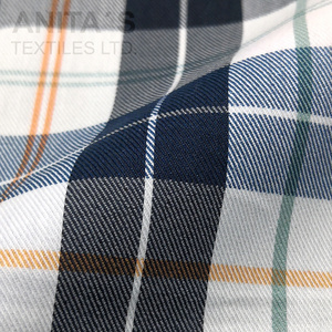 In stock item Claiss Plaid Pima Cotton Tencel Nylon Spandex Lt Weight 2x2 S Twill Yarn Dye Woven Fabric