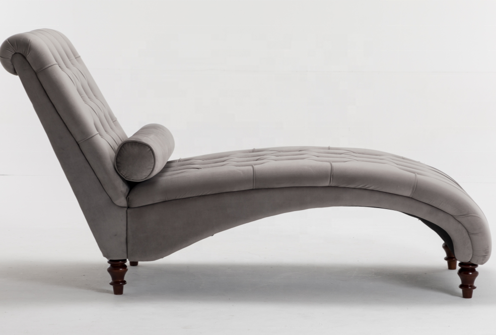 S shaped chaise lounge velvet fabric with solid wooden legs