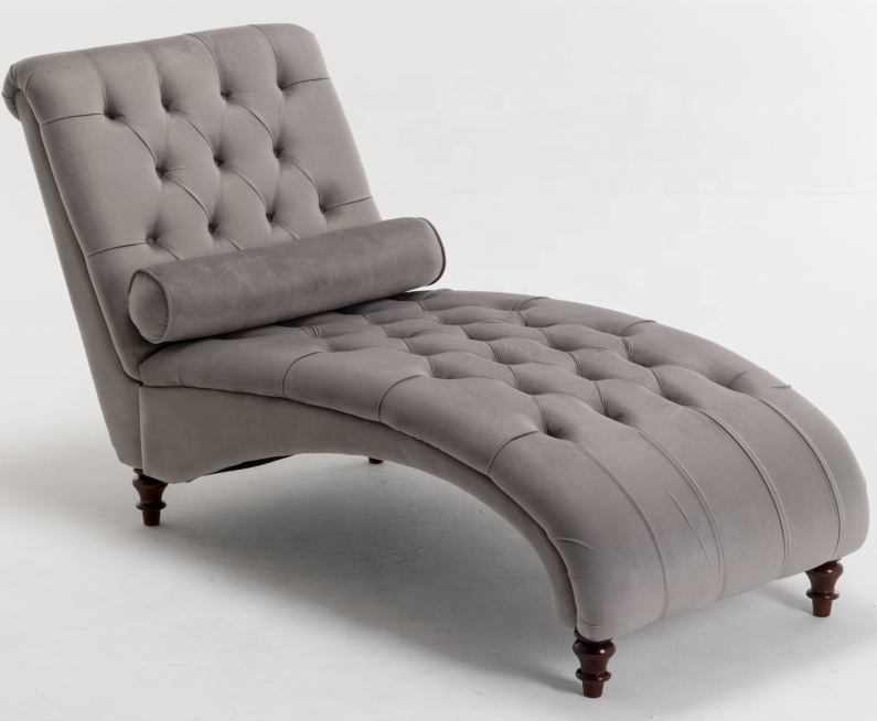 S shaped chaise lounge velvet fabric with solid wooden legs