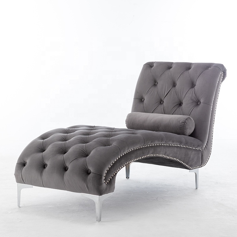 Metal legs S-shape design velvet chaise lounge with cushion