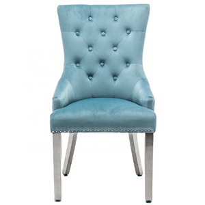 Sky blue high back plaid design velvet living room dining chair