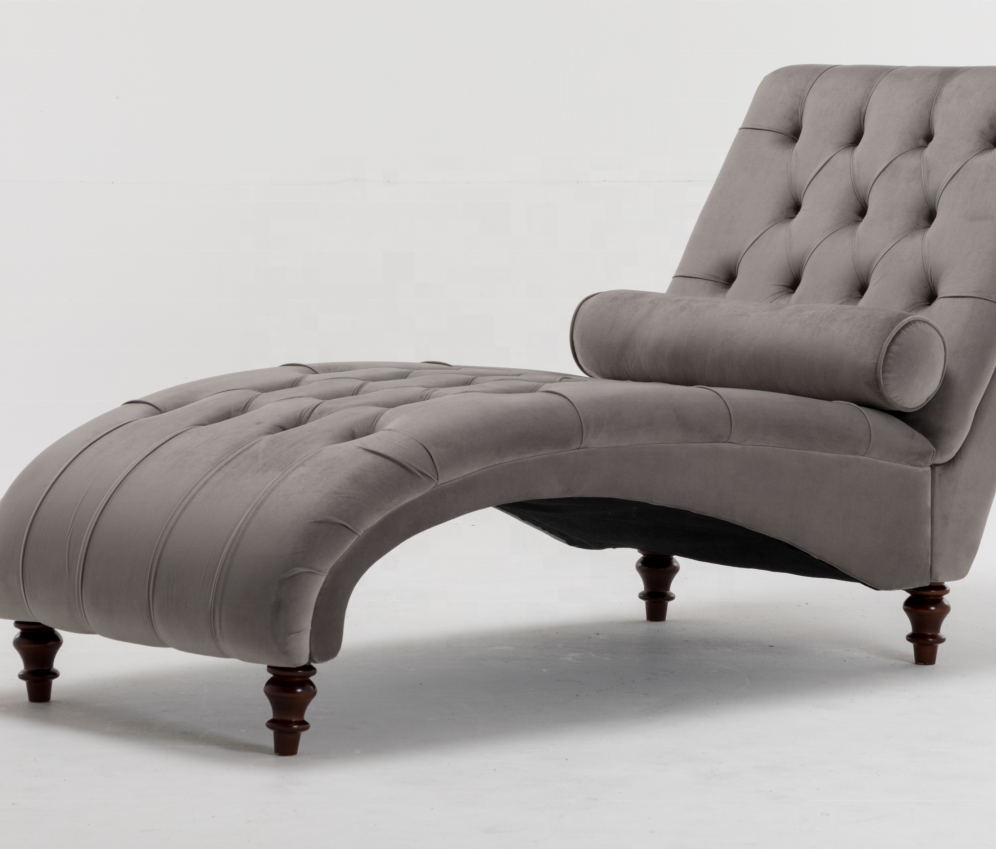 S shaped chaise lounge velvet fabric with solid wooden legs