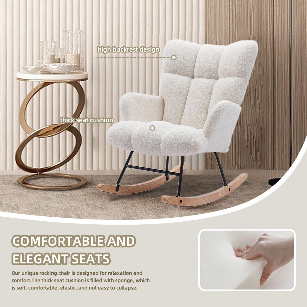 China Supplier White Velvet Wood Leg Sala De Estar Rocking Chair For Adults Modern