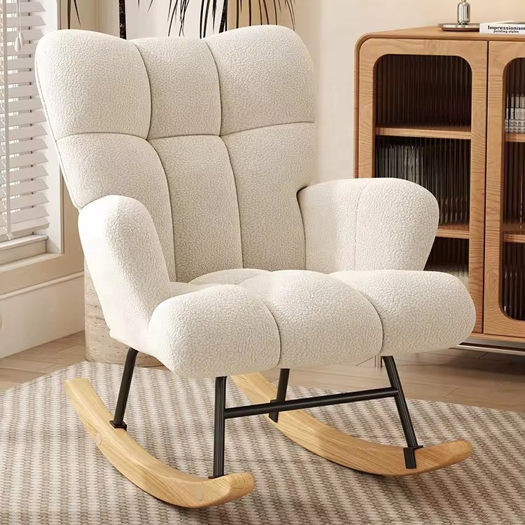 Nordic High Quality Material Upholstered Glider Chairs Padded Comfortable Seat White Rocking Chair