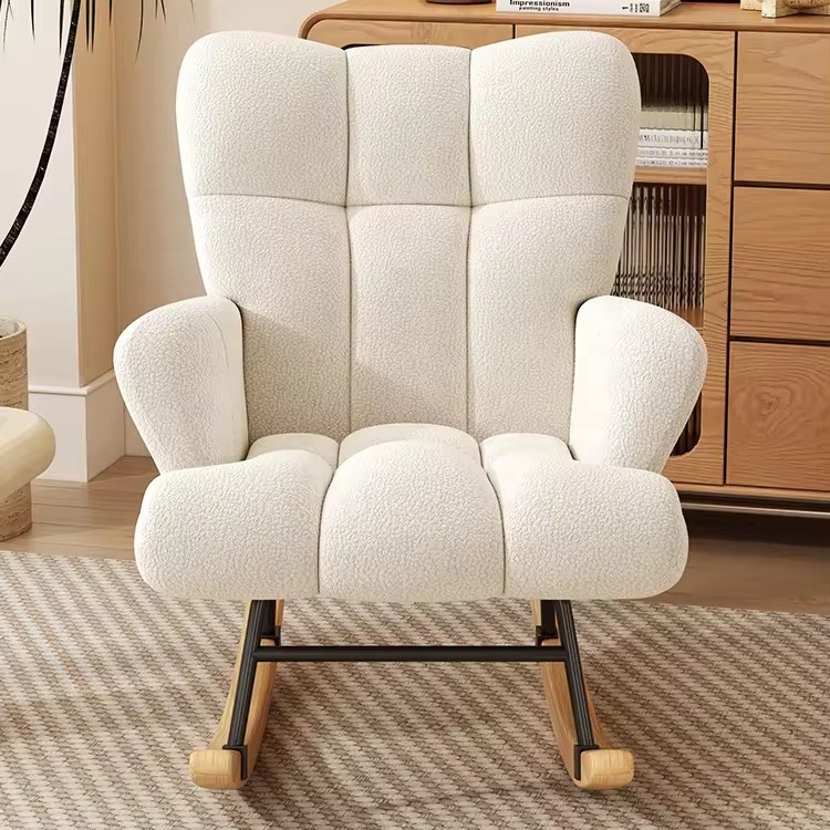 Nordic High Quality Material Upholstered Glider Chairs Padded Comfortable Seat White Rocking Chair