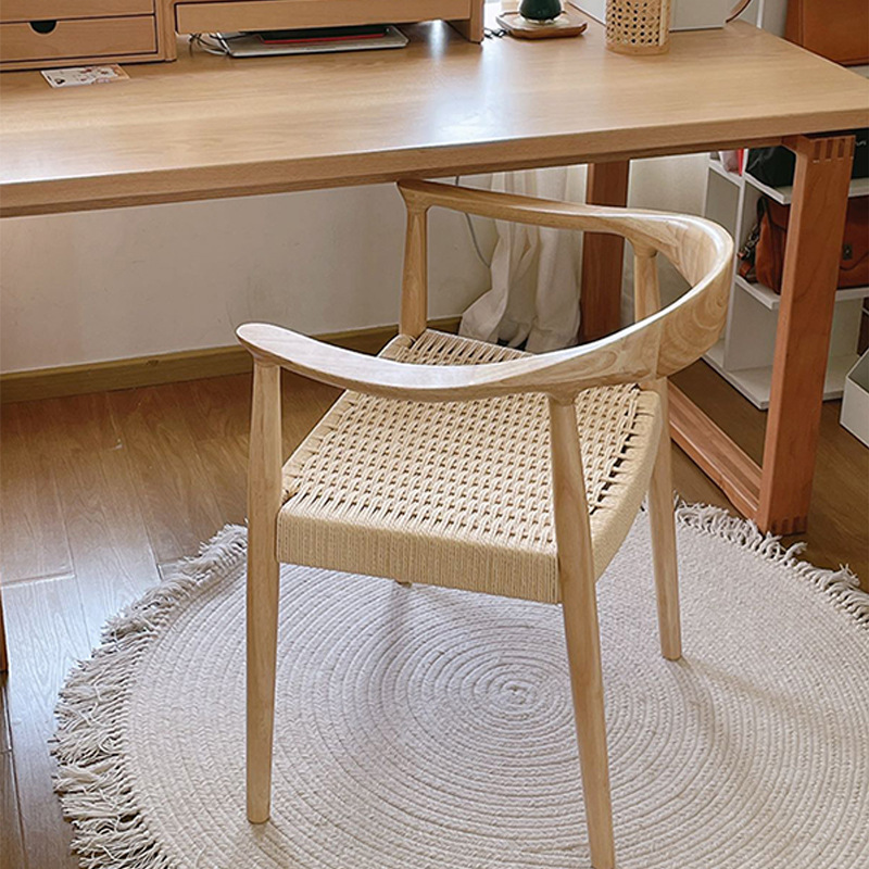 Modern Nordic Style Tea Room Solid Wood Frame Rope Braided Cushion Rattan Woven Dining Room Restaurant Chair Dining Chair