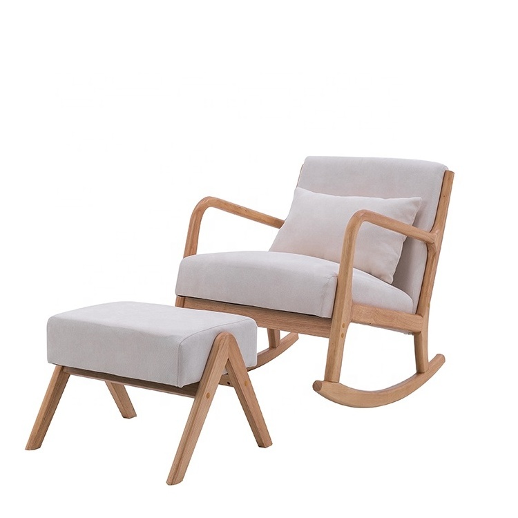 Solid Wood rocking chair with ottoman outdoor recliner linen nordic natural lounge