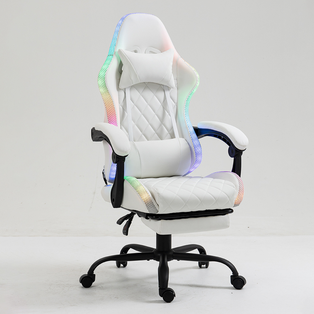 Professional Sillas Gamer Ergonomic Swivel White Leather Massage Reclining E-sport Gaming Chair With Footrest Rgb Led Light