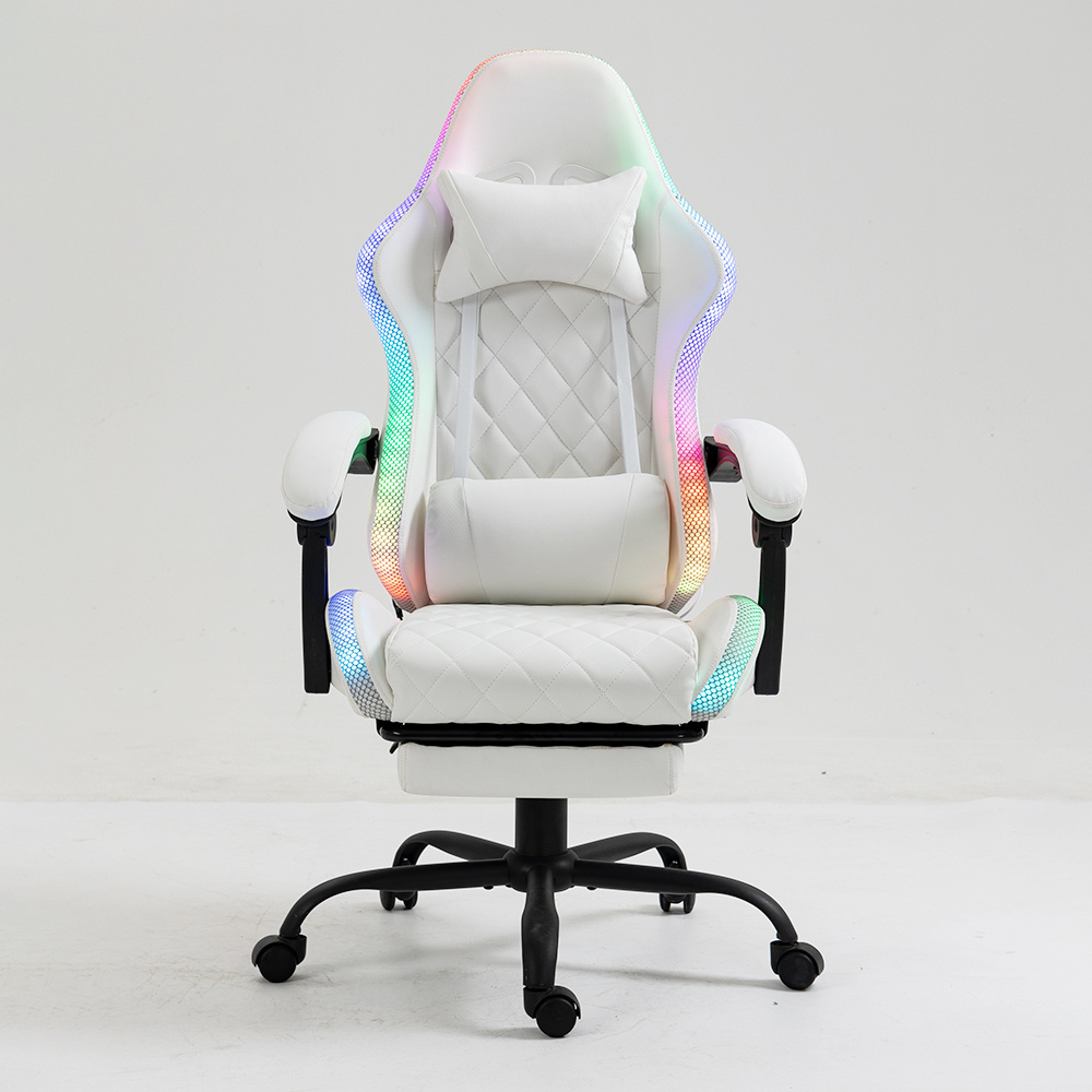 Professional Sillas Gamer Ergonomic Swivel White Leather Massage Reclining E-sport Gaming Chair With Footrest Rgb Led Light