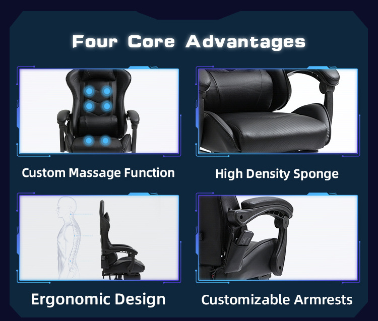 Custom Logo Cadeira Gamer PU Leather Black Ergonomic Reclining Computer Game Seat Massage Gaming Chair