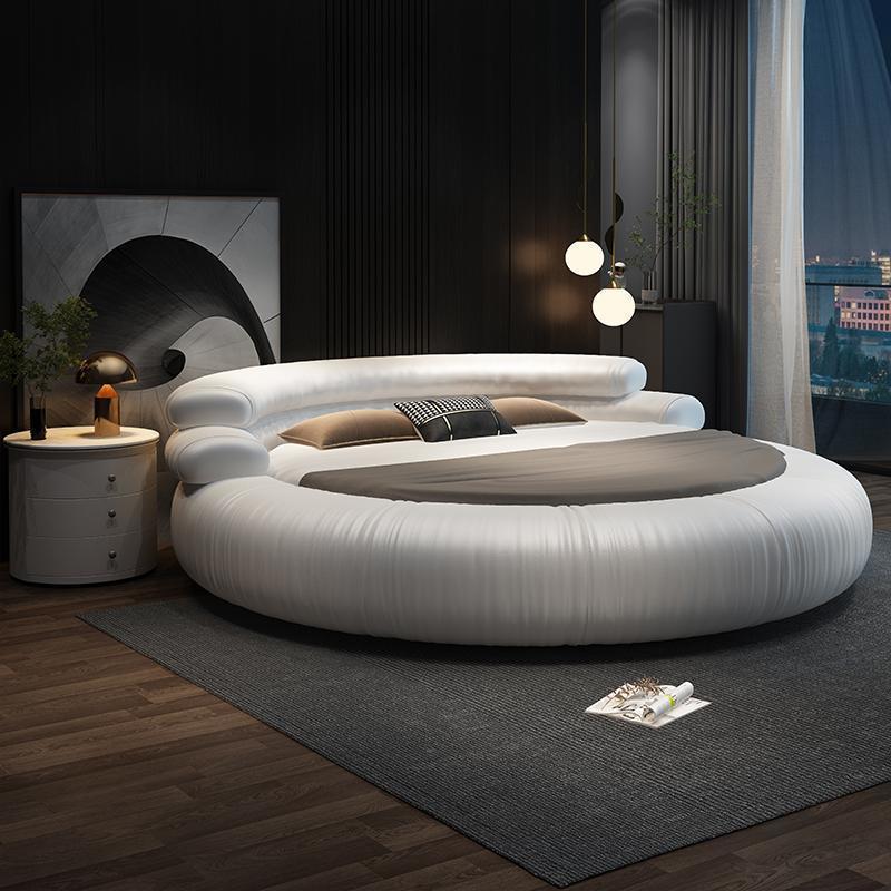 Nordic Luxury King Size Platform Bed Modern Hotel Bedroom Furniture Collection Leather Upholstered Round Bed