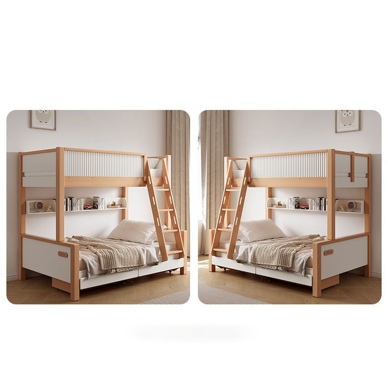 Factory Direct Wooden Furniture Double Bed Solid Wood Bunk Bed with Stairs Ladders for Adult Children