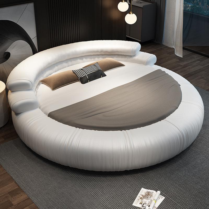 Nordic Luxury King Size Platform Bed Modern Hotel Bedroom Furniture Collection Leather Upholstered Round Bed