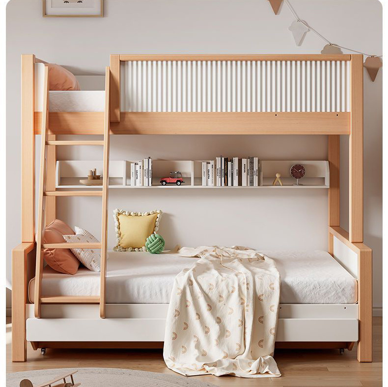 Factory Direct Wooden Furniture Double Bed Solid Wood Bunk Bed with Stairs Ladders for Adult Children