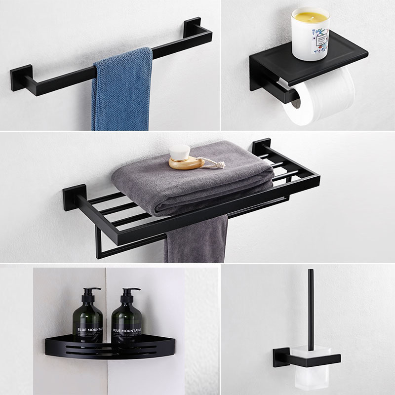 High quality SUS304 stainless steel Bathroom Accessories Set Matte Black Factory Modern Hotel Bathroom Hardware towel rack set