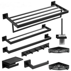 High quality SUS304 stainless steel Bathroom Accessories Set Matte Black Factory Modern Hotel Bathroom Hardware towel rack set