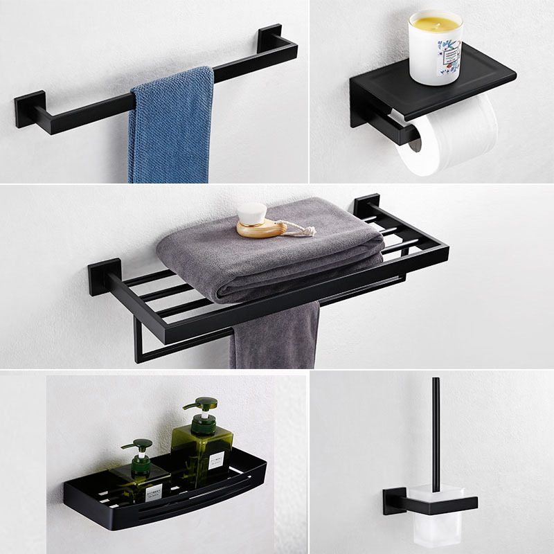 High quality SUS304 stainless steel Bathroom Accessories Set Matte Black Factory Modern Hotel Bathroom Hardware towel rack set