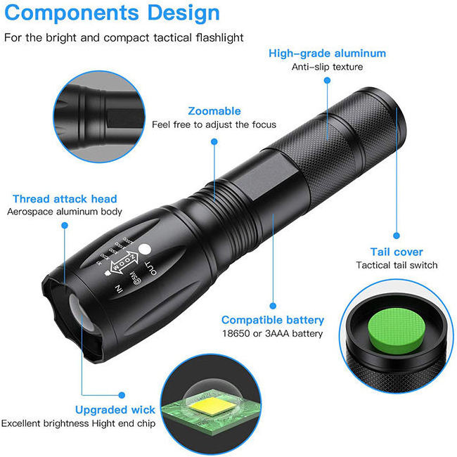 High Power Camp Waterproof Flash Light Set Powerful Rechargeable Battery Tactical Torch Flashlights