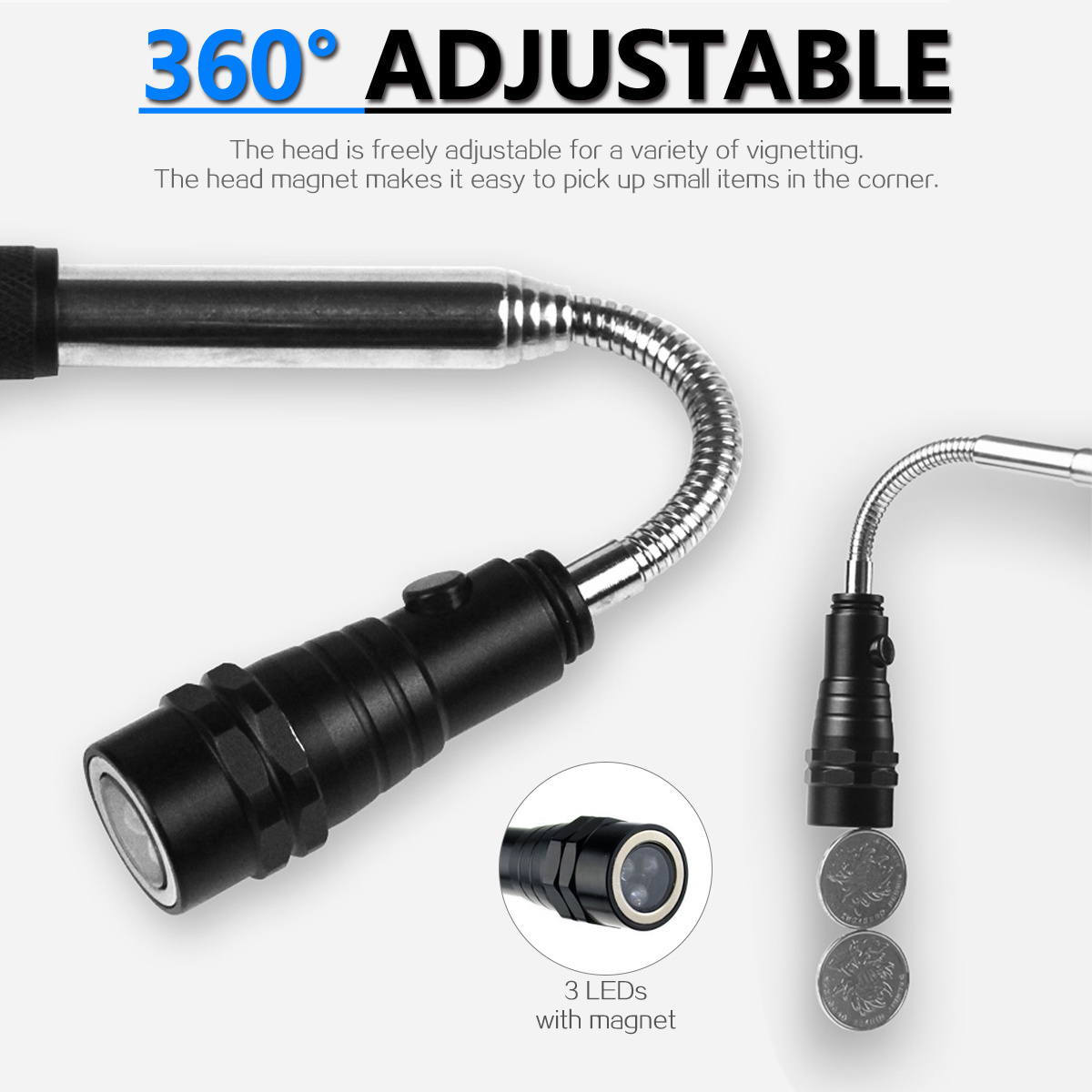 Magnetic LED Flashlight Portable Torch Flexible Head Flashlight Torch with a Magnet Telescopic 3 LED Lamp