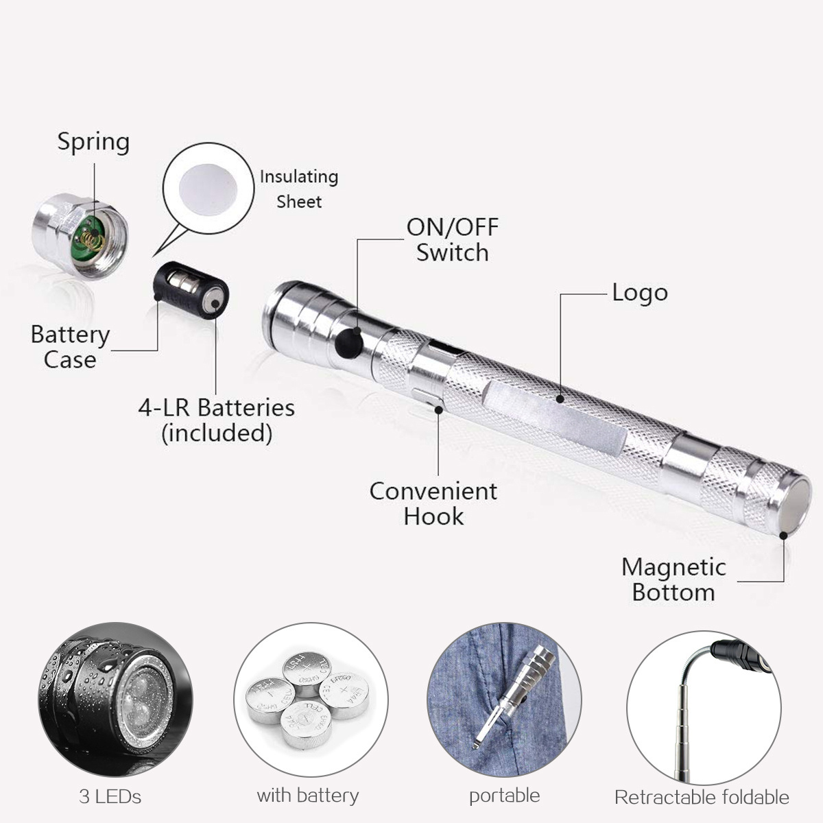 Magnetic LED Flashlight Portable Torch Flexible Head Flashlight Torch with a Magnet Telescopic 3 LED Lamp