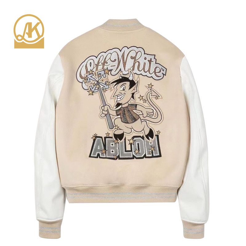 Custom Logo Patches Bomber Jacket  Letternan Vintage Casual Hip Hop Bomber Leather Sleeve Varsity Jacket