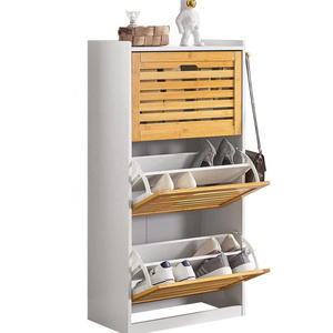 Bamboo Shoe Cabinet with 3 Flaps Shoe Rack with 2 Hooks Shoe Trolley Organizer Storage