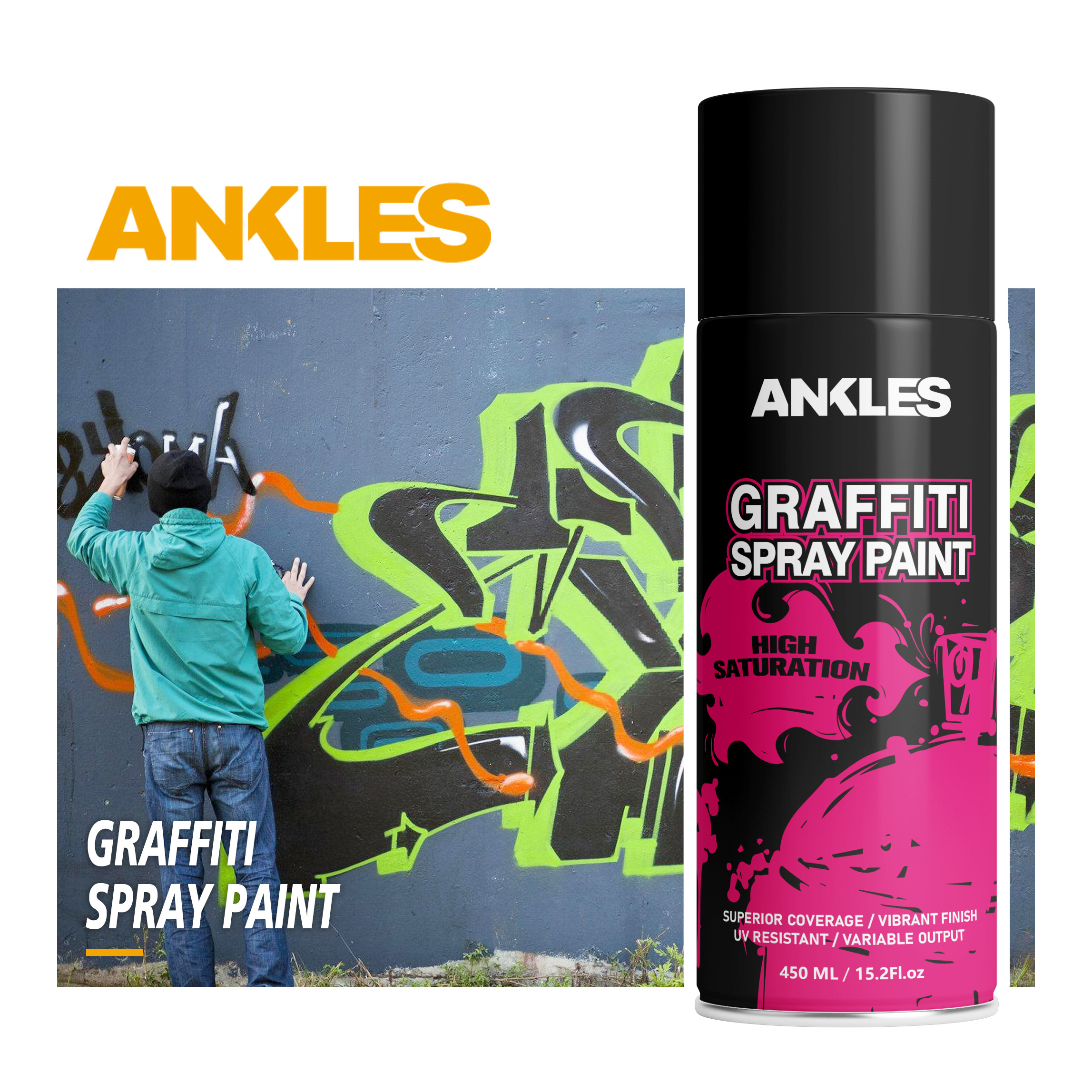 ANKLES wholesale black color graffiti spray paint 400ml airless compressor graffiti spray paint