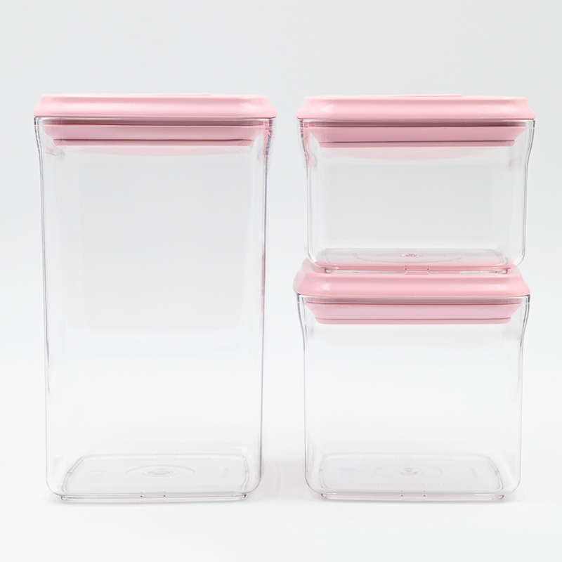 Pink 3 Pieces Set Food Grade Fresh Saving One Press Button Airtight Food Container Storage for Kitchen Dry Food