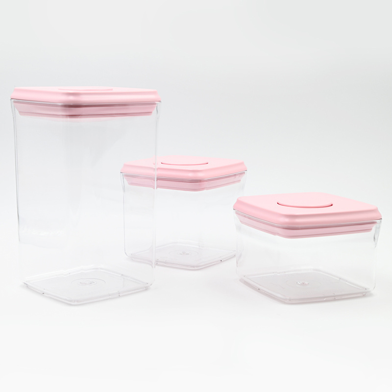 Pink 3 Pieces Set Food Grade Fresh Saving One Press Button Airtight Food Container Storage for Kitchen Dry Food