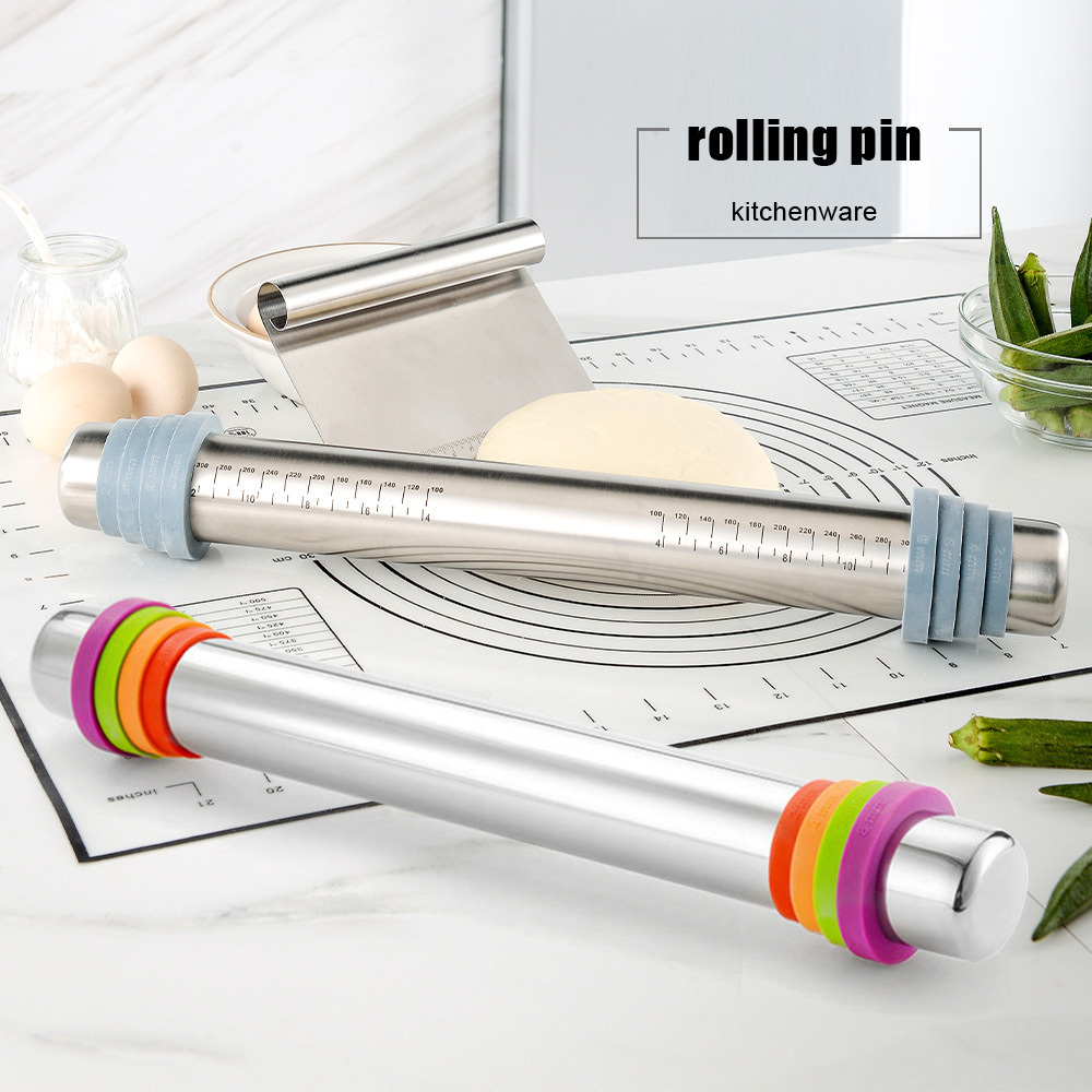 Bakeware Tools Stainless Steel Silicone Ring Variable Thickness Integrated Seamless Multi-use Rolling Pin Adjustable Rolling Pin