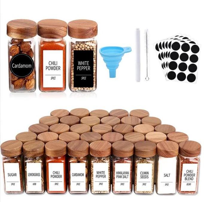 Spice & Pepper Shakers 4 oz square bottle seasoning set spice bottle with hole powder can 120ml bamboo wood cover seasoning