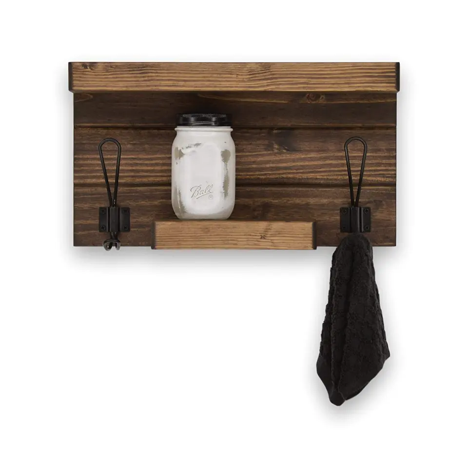 Handmade Rustic Wood Wall Mounted Towel Shelves 2 Tier Wooden Bathroom Wall  Floating Shelf with Hooks