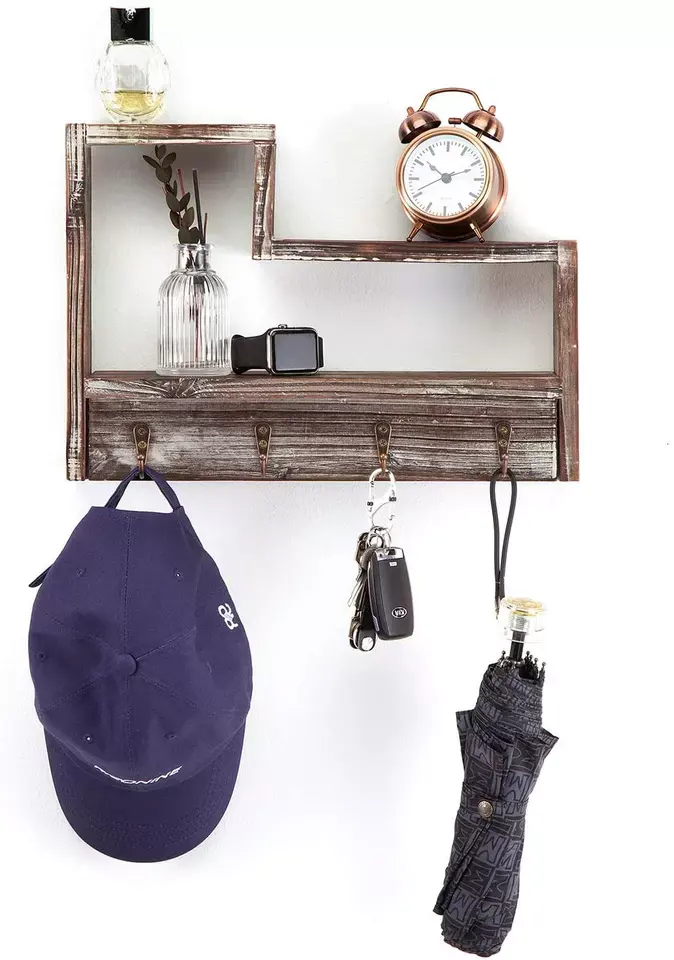 Home Decor Leash Hanger Display Key Holder Rustic Wood Hanging Wall Shelves With Hooks