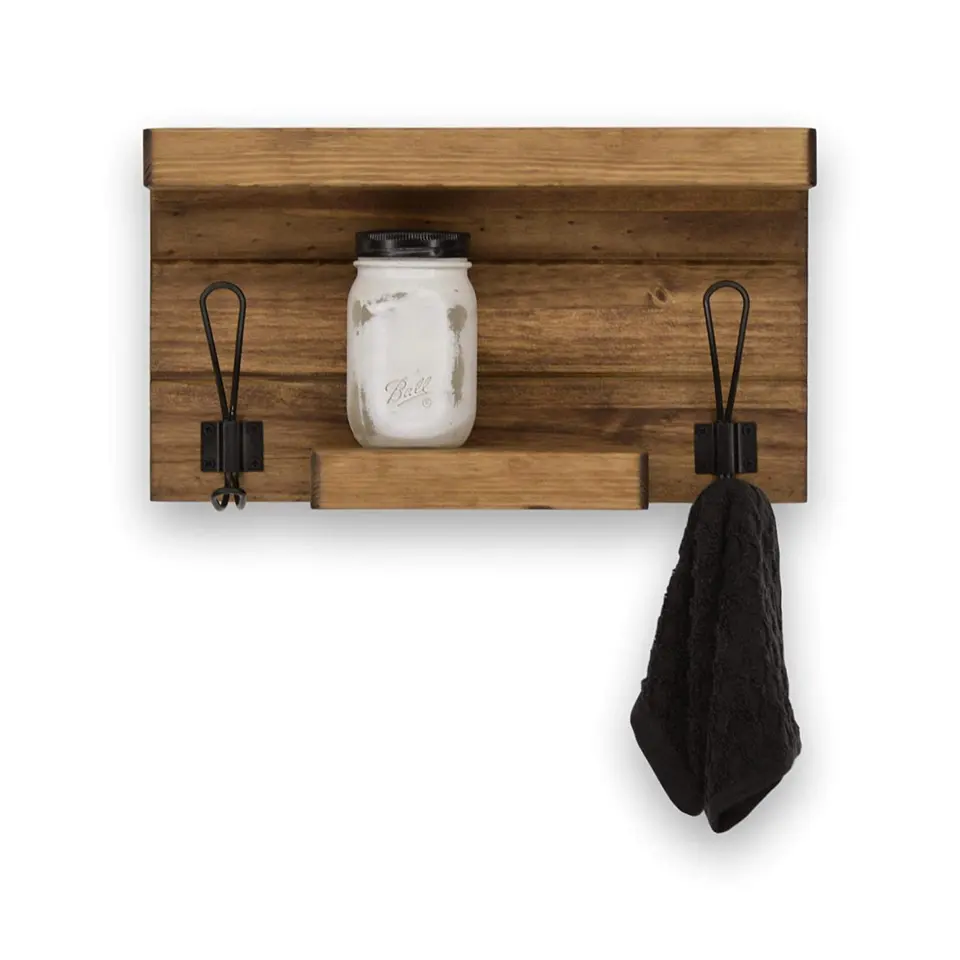 Handmade Rustic Wood Wall Mounted Towel Shelves 2 Tier Wooden Bathroom Wall  Floating Shelf with Hooks