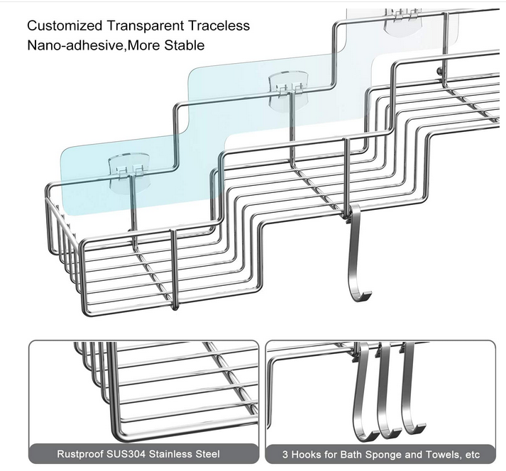 Adhesive No Drilling Wall Mounted Shower Caddy Basket Bathroom Storage Shelf Organizer with Hooks for Shampoo Conditioner