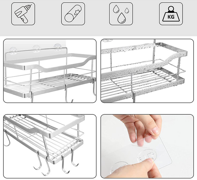 No Drilling Rustproof SUS304  Stainless Steel 2-pack  Mesh Bathroom Adhesive Shower Caddy Basket Shelf with Hooks