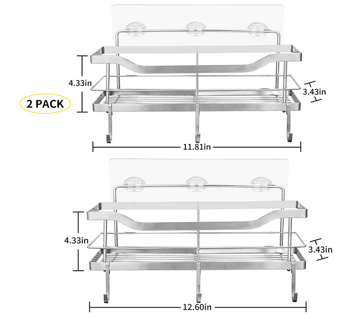 No Drilling Rustproof SUS304  Stainless Steel 2-pack  Mesh Bathroom Adhesive Shower Caddy Basket Shelf with Hooks