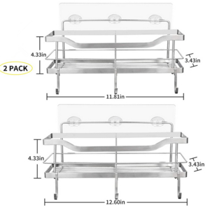 No Drilling Rustproof SUS304  Stainless Steel 2-pack  Mesh Bathroom Adhesive Shower Caddy Basket Shelf with Hooks