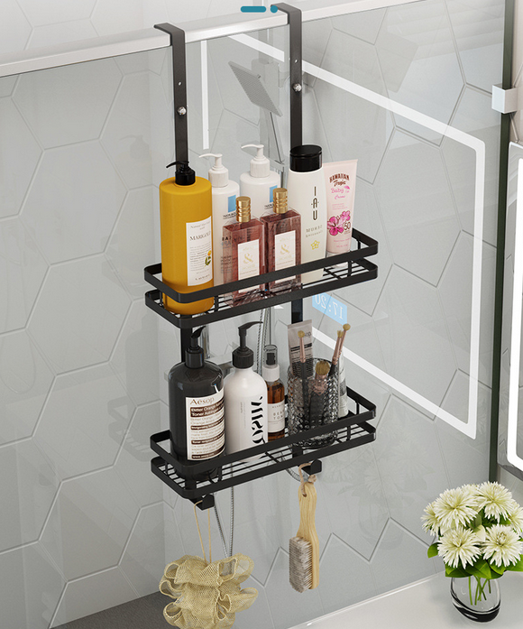 Hot Selling Stainless Steel Black Bamboo Hanging Mesh Shower Caddy Hanging Shower Baskets Shelf for Shower