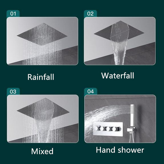 Luxury Bathroom Rainfall Shower Heads Ceiling Waterfall SPA  Shower Panel 3 Ways Thermostatic Shower Diverter Faucets