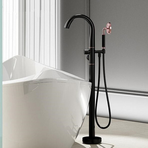 Brass Black Freestanding Bath Shower Mixer Floor Stand Mounted Tub Filler Shower Mixer Free Standing Bathtub Faucet