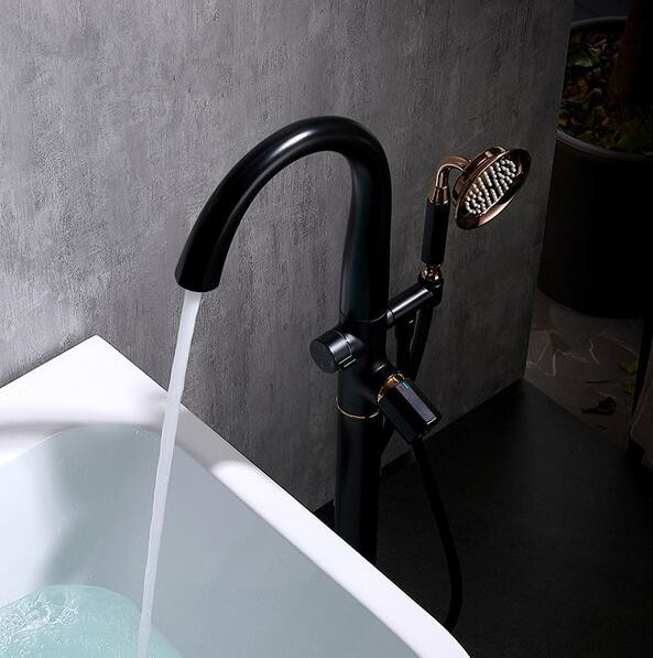 Brass Black Freestanding Bath Shower Mixer Floor Stand Mounted Tub Filler Shower Mixer Free Standing Bathtub Faucet