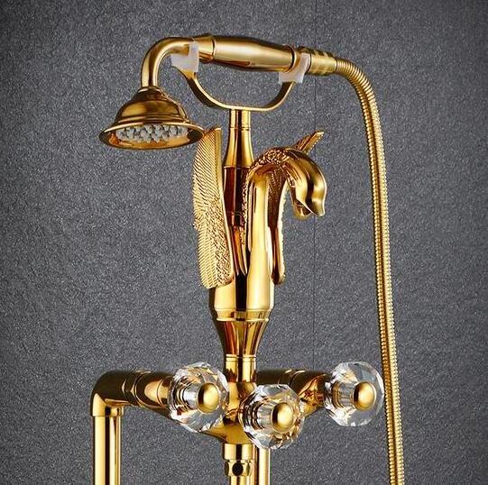 Luxury Gold Bathroom Faucet Floor Mount Carved Swan Spout Bathtub Shower Hot and Cold Mixer Tap Free Standing Brass Handshower