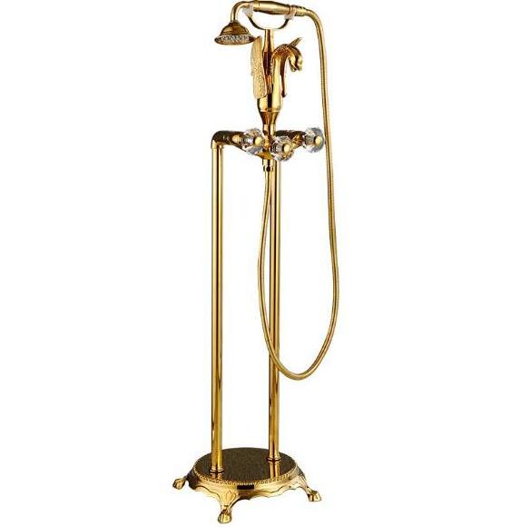 Luxury Gold Bathroom Faucet Floor Mount Carved Swan Spout Bathtub Shower Hot and Cold Mixer Tap Free Standing Brass Handshower