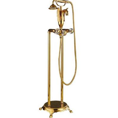 Luxury Gold Bathroom Faucet Floor Mount Carved Swan Spout Bathtub Shower Hot and Cold Mixer Tap Free Standing Brass Handshower