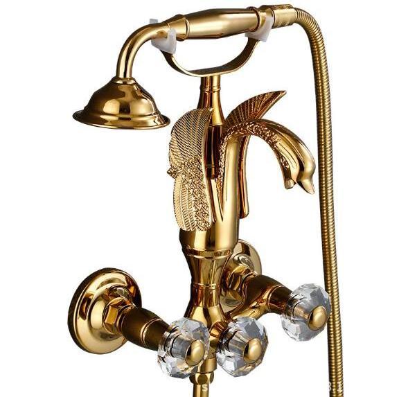 New Design Wall Mount Swan Animals Shape Spout Bathroom Bathtub Faucets Gold Tub Faucet with Telephone Shower