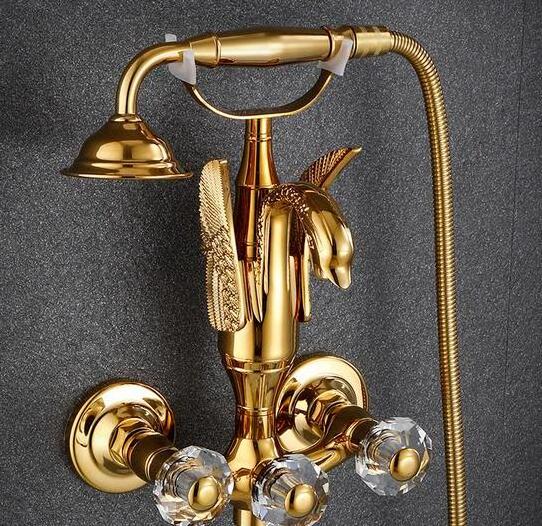 New Design Wall Mount Swan Animals Shape Spout Bathroom Bathtub Faucets Gold Tub Faucet with Telephone Shower