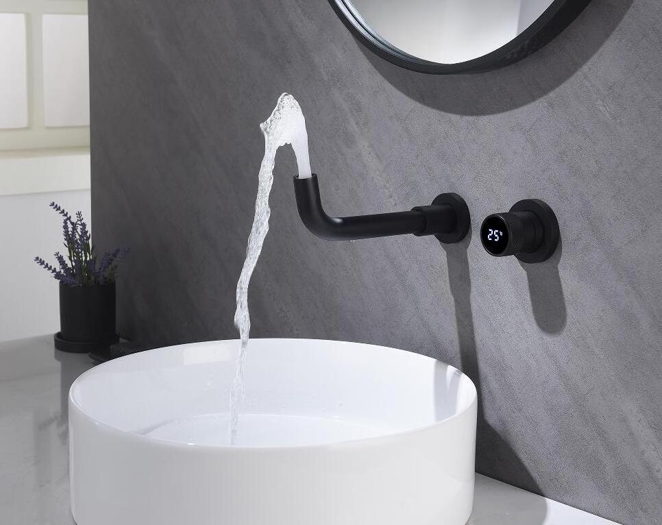 Hot Sale Black Brass Digital Display Wall Mounted  Bathroom Basin Mixer Concealed Faucet for Basin Tap