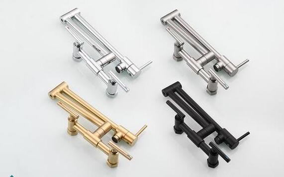 Brushed Gold Two Holes Brass Hot and Cold  Pot Filler Folding Stretchable Double Joint Swing Arm Wall Mount Kitchen Faucet